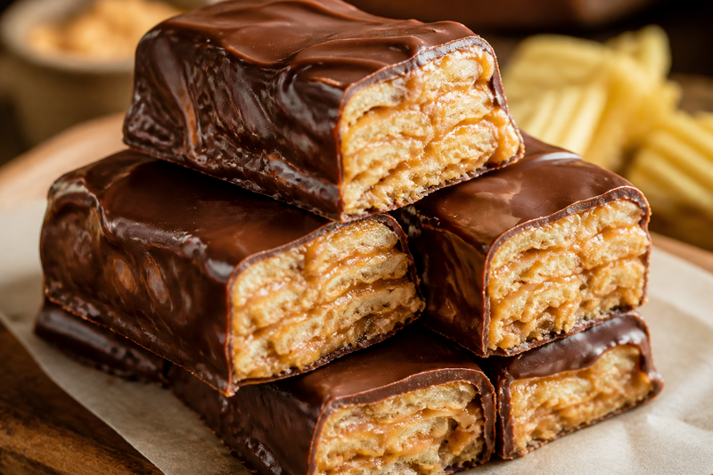 Stacked no-bake candy bars made with RUFFLES potato chips, peanut butter and chocolate coating