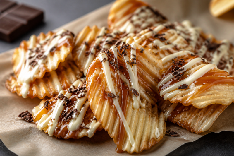 RUFFLES potato chips drizzled with caramel, white chocolate and dark chocolate shavings
